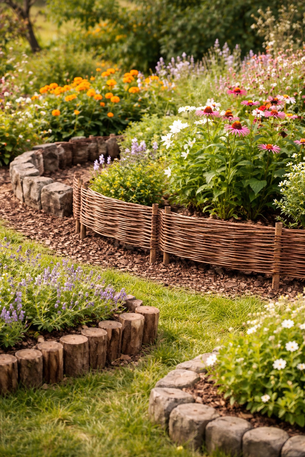 Beet mit natürlicher Umrandung aus Steinen und Holz im Garten