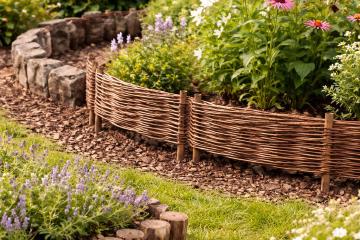 Beet mit natürlicher Umrandung aus Steinen und Holz im Garten