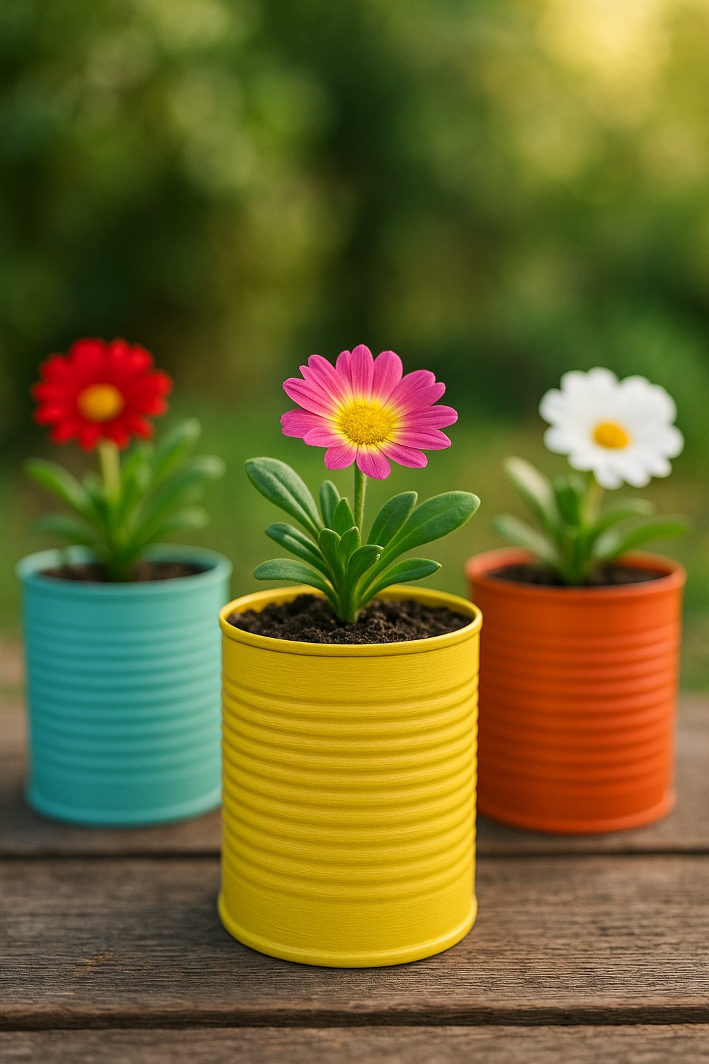 Bunt bemalte Konservendosen mit Pflanzen auf einem Gartentisch