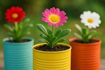 Bunt bemalte Konservendosen mit Pflanzen auf einem Gartentisch