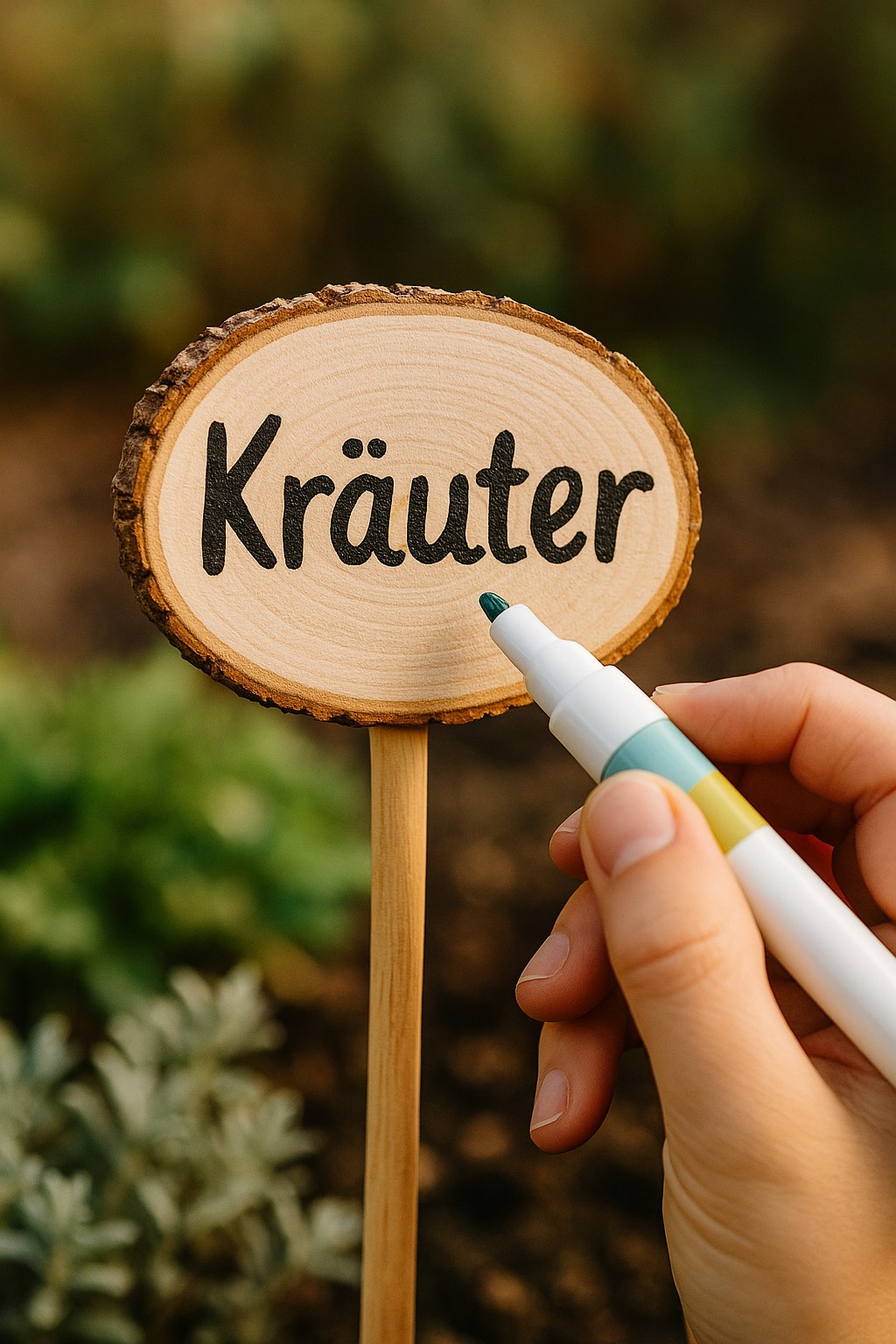 Bunt bemalte Gartenstecker in einem Blumenbeet