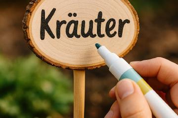 Bunt bemalte Gartenstecker in einem Blumenbeet