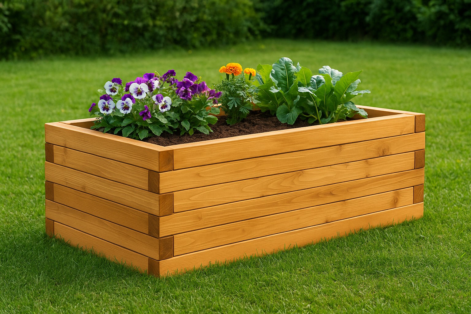Fertiges Hochbeet aus Holz auf einer Terrasse