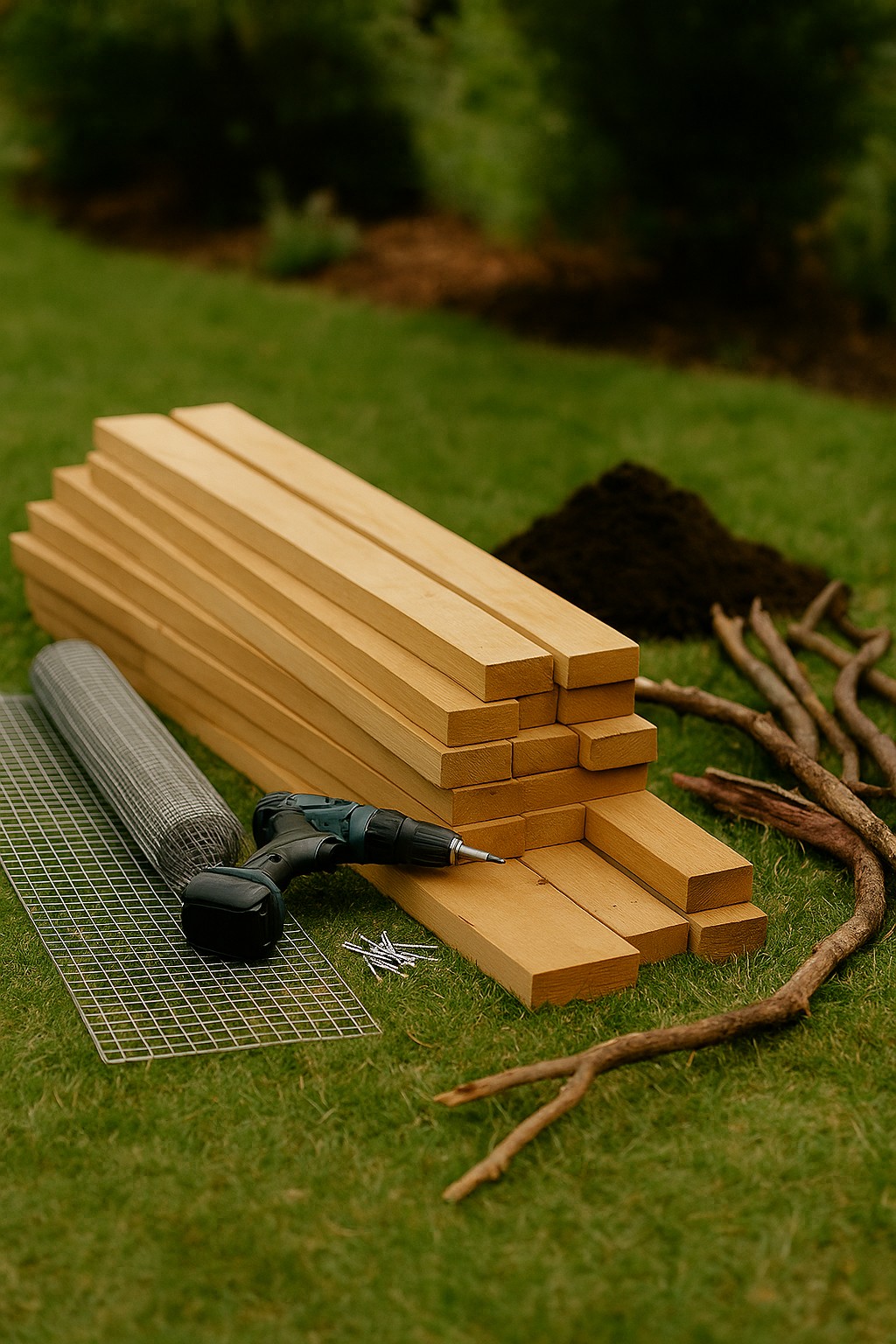 Selbstgebautes Hochbeet aus Holz im Garten mit bepflanzter Oberfläche