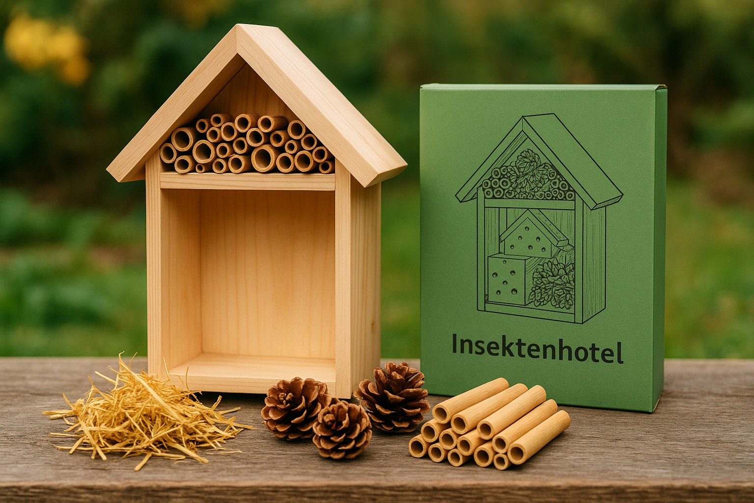 Ein Insektenhotel-Bausatz mit vorbereiteten Holzelementen und Füllmaterial