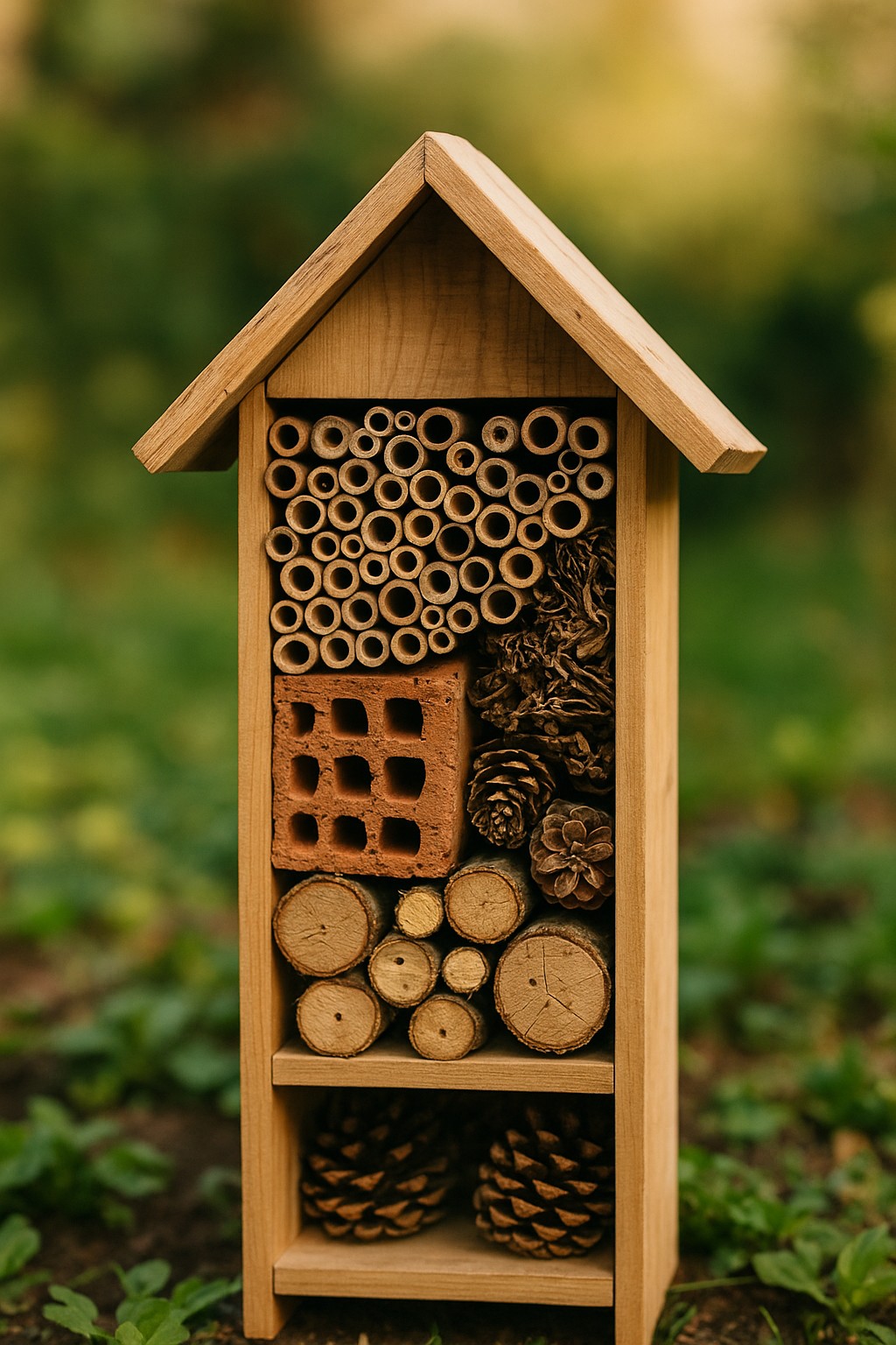 Selbstgebautes Insektenhotel mit verschiedenen Naturmaterialien im Garten