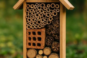 Selbstgebautes Insektenhotel mit verschiedenen Naturmaterialien im Garten