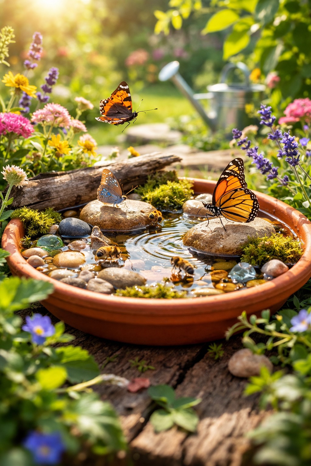 Flache Tonschale mit Kies und Wasser als Insektentränke im Garten