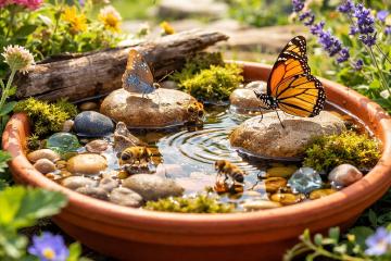 Flache Tonschale mit Kies und Wasser als Insektentränke im Garten