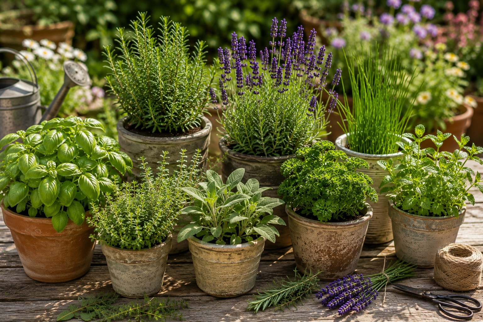 Verschiedene Kräuterpflanzen in Töpfen auf einem Gartentisch