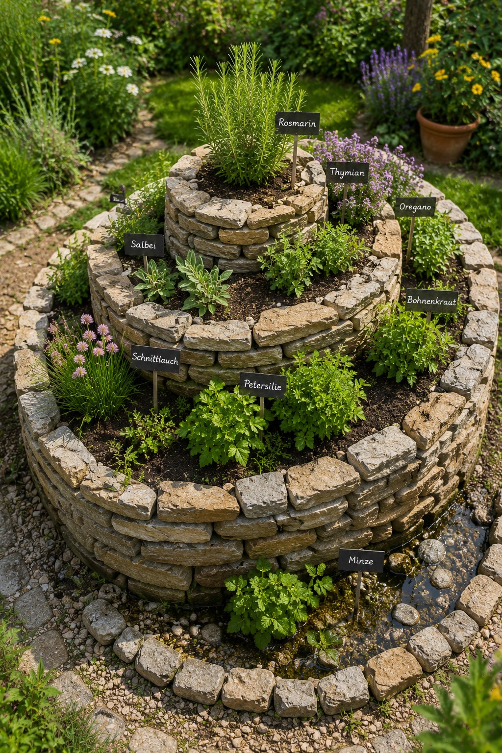Selbst gebaute Kräuterspirale aus Bruchsteinen mit verschiedenen Küchenkräutern