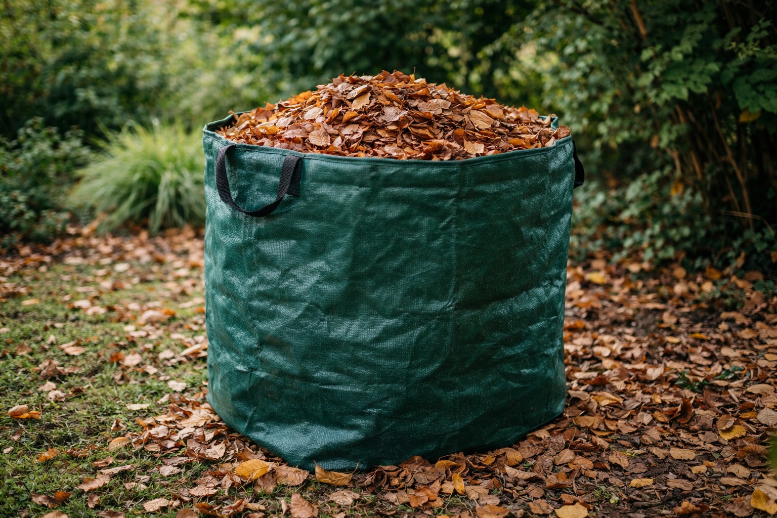 Laubsack im Garten gefüllt mit Herbstlaub