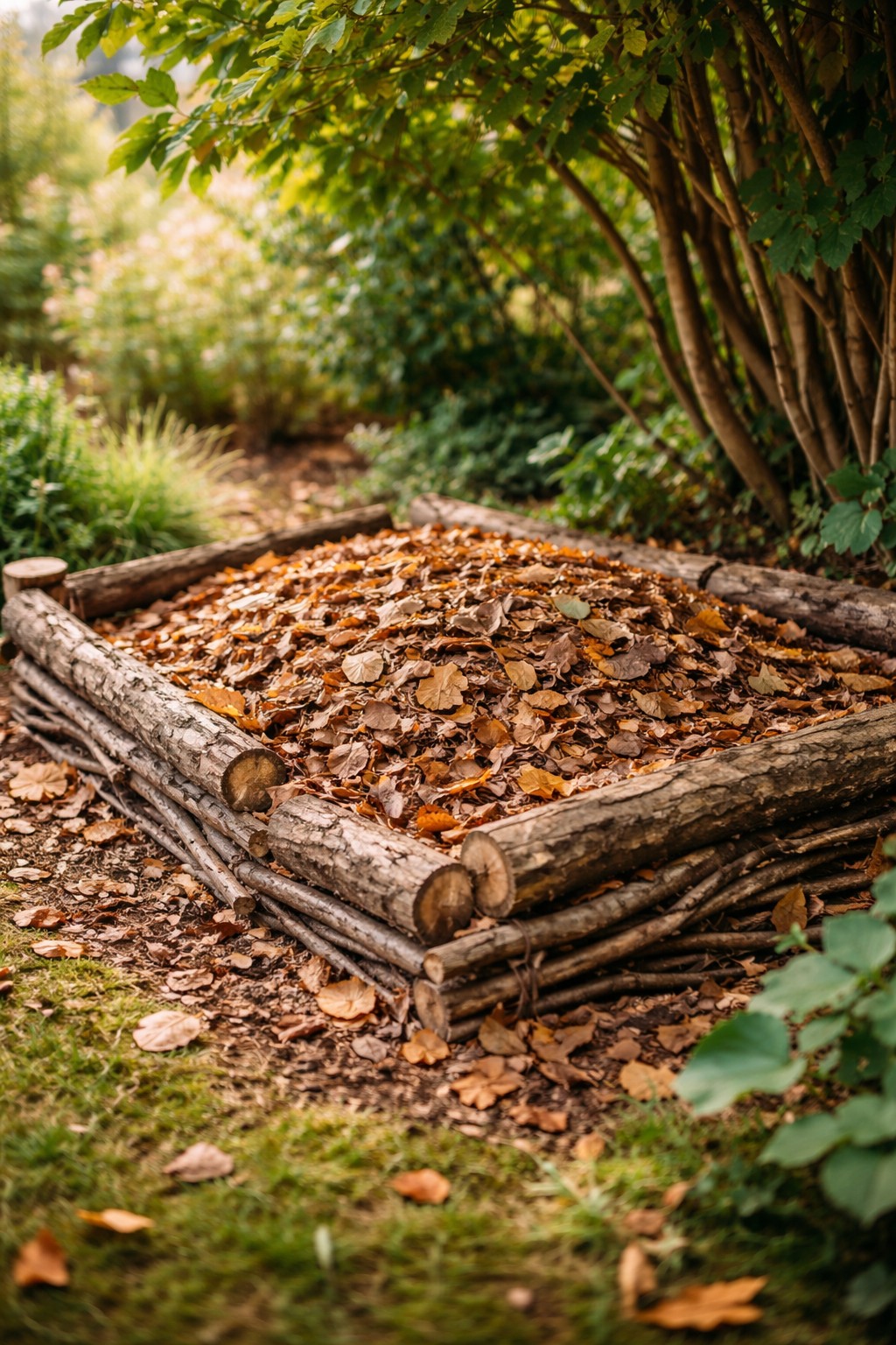 Laubhaufen im Garten unter Sträuchern als Lebensraum für Tiere