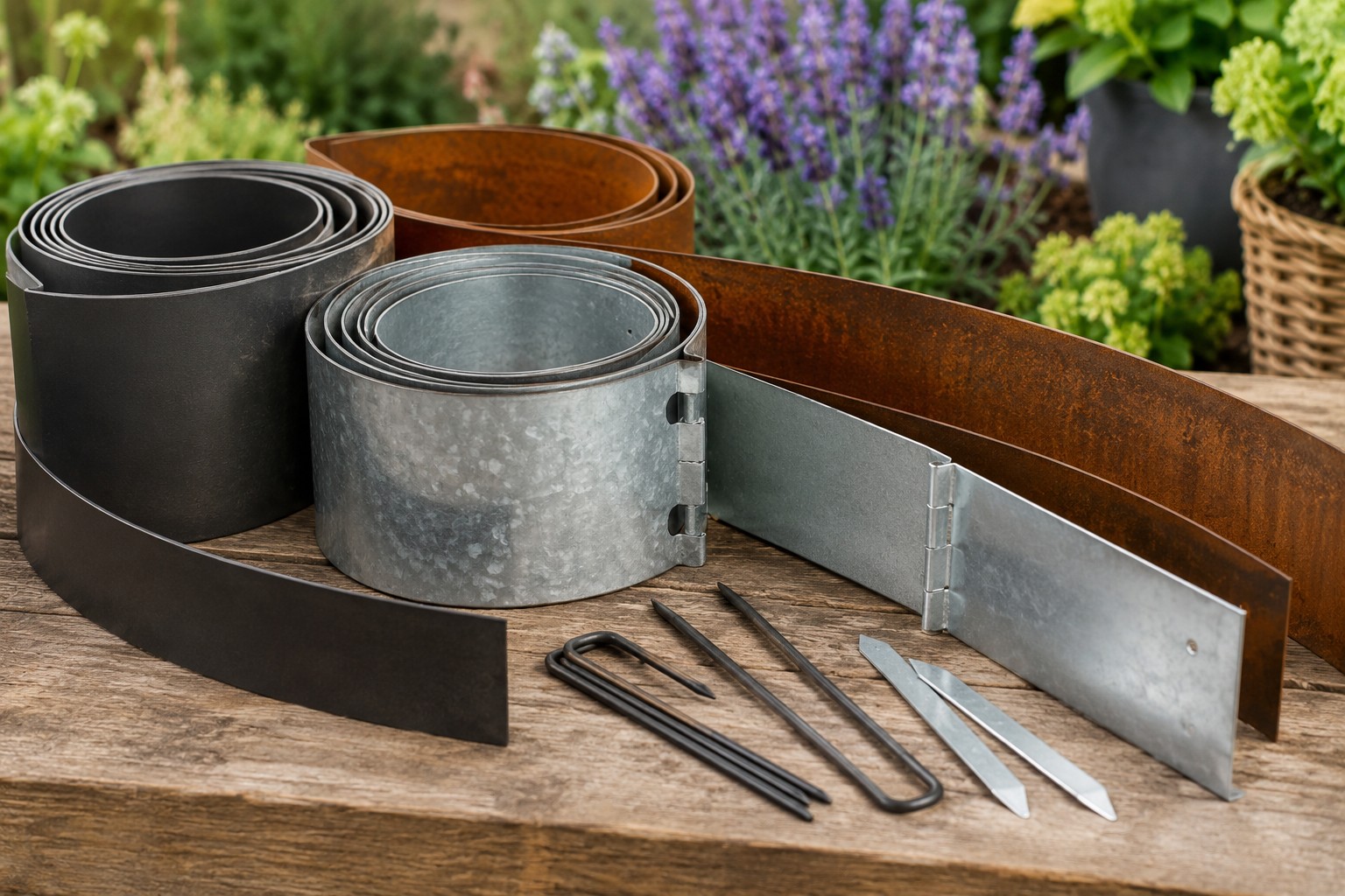 Metallkanten für Beete auf einem Gartentisch