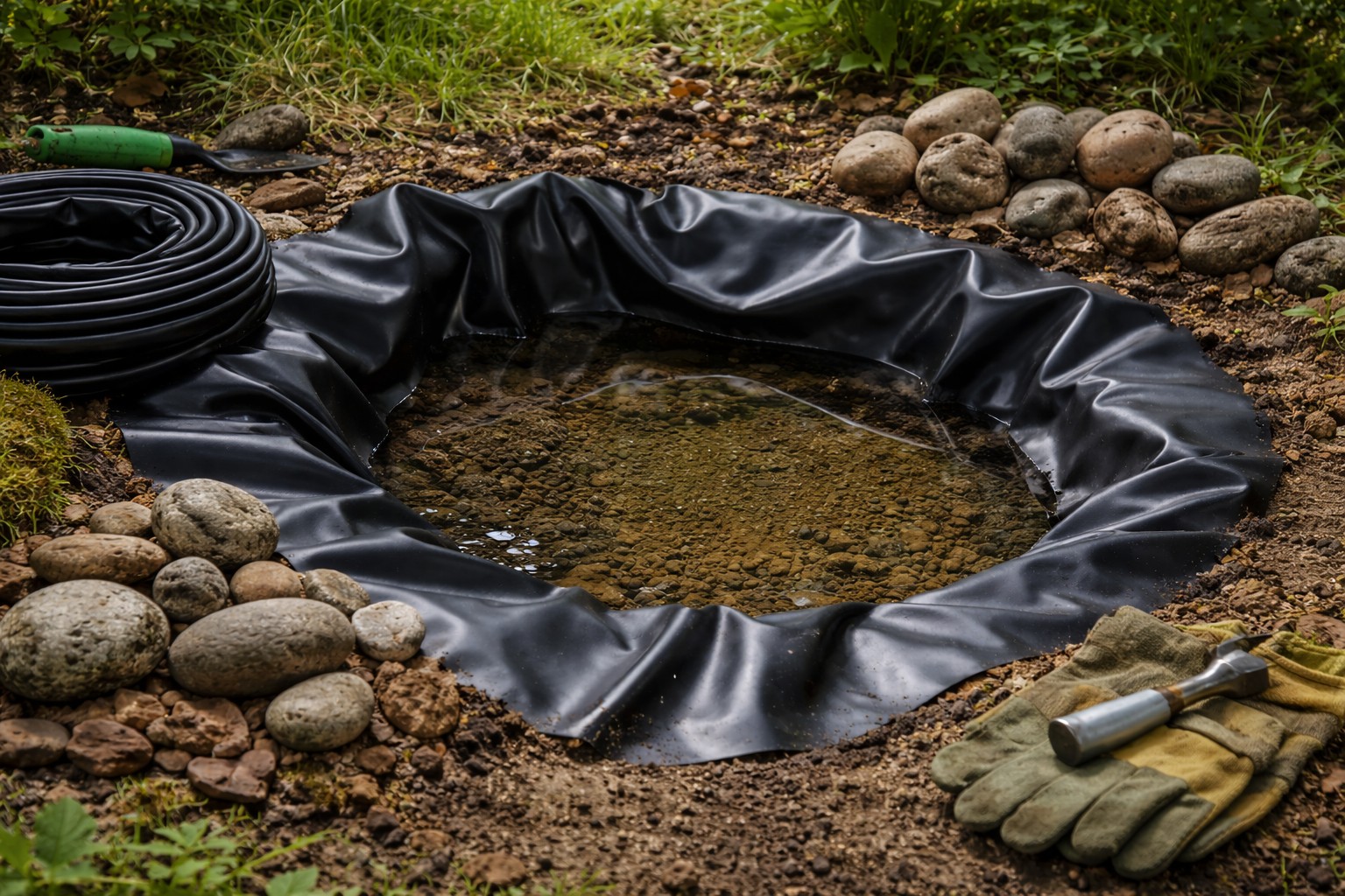 Teichfolie in einer flachen Grube für einen kleinen Gartentümpel