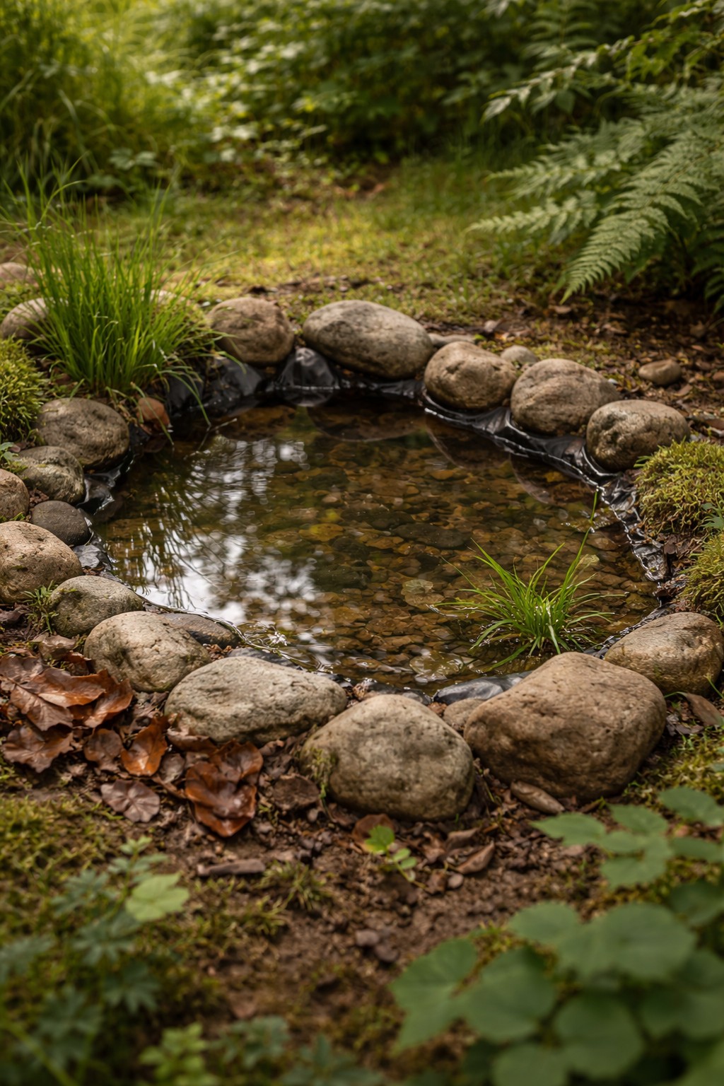 Kleiner naturnaher Gartentümpel mit Steinen und Wasserpflanzen