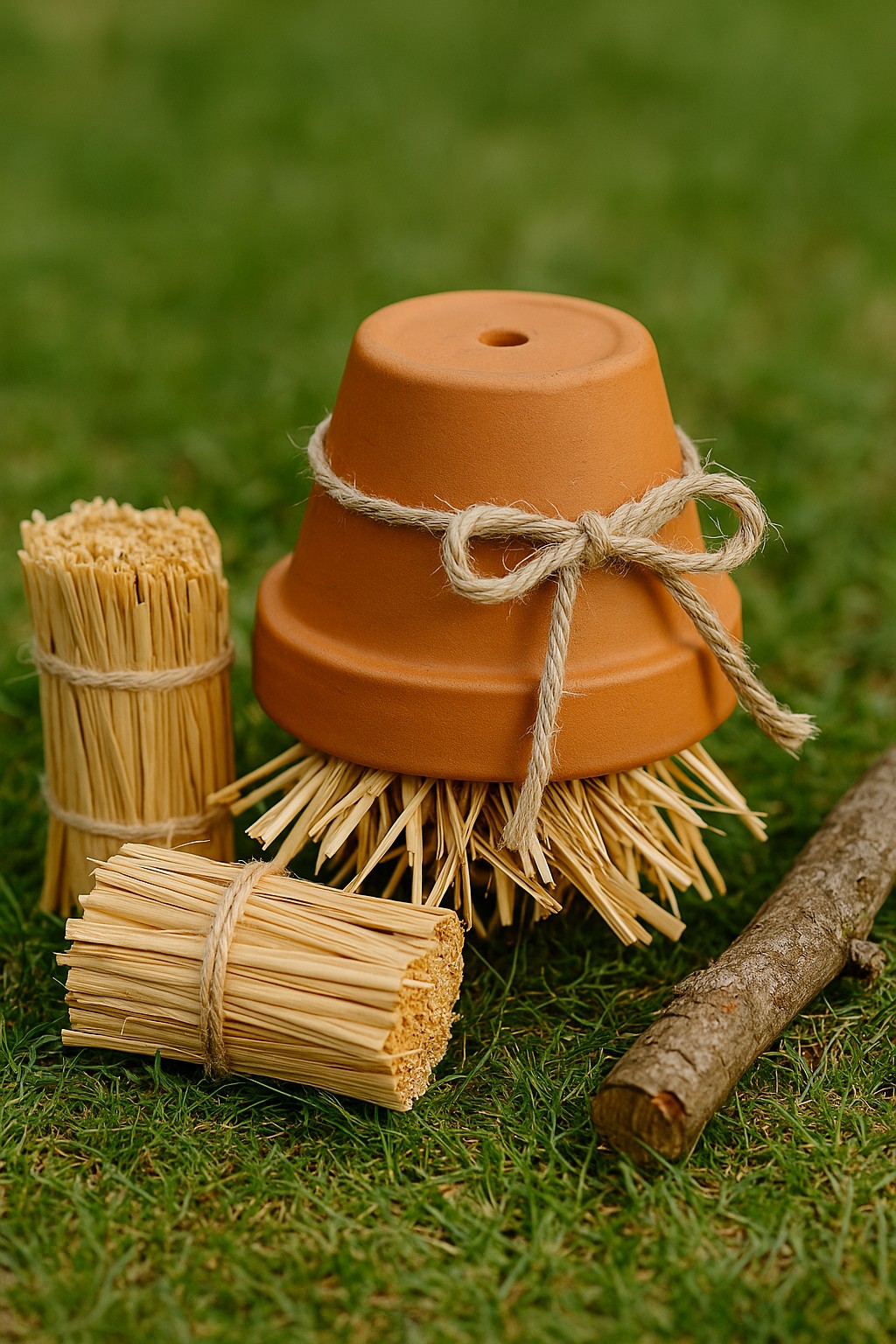 Ein kleiner Tontopf mit Stroh gefüllt, auf einem Ast im Garten befestigt