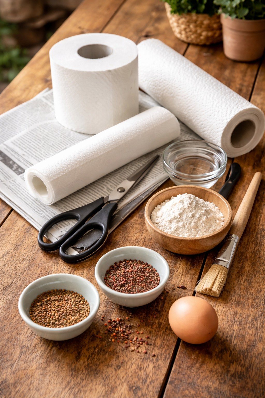 Selbstgemachte Saatbänder aus Papier mit Gemüsesamen auf einem Holztisch