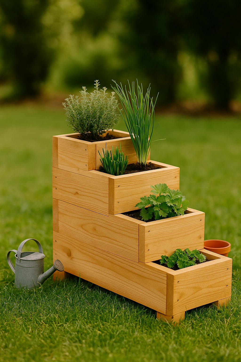 Stufenhochbeet aus Holz im Garten, bepflanzt mit verschiedenen Kräutern
