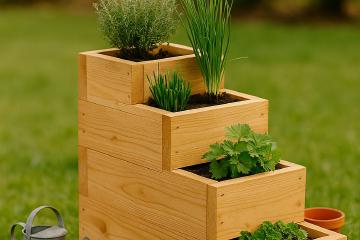 Stufenhochbeet aus Holz im Garten, bepflanzt mit verschiedenen Kräutern