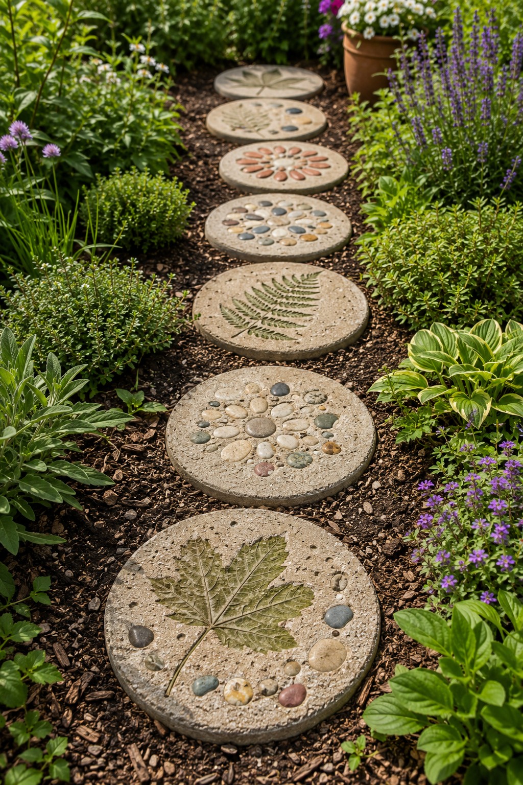 Selbst gestaltete Trittsteine aus Beton in einem Gartenweg
