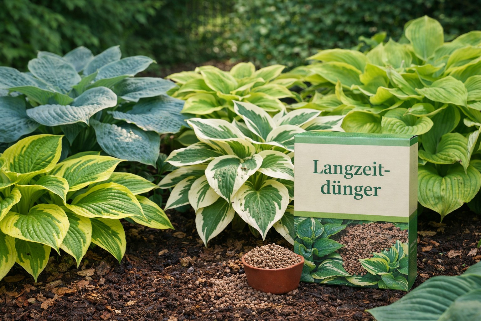 Langzeitdünger für Gartenpflanzen in einer Streuschaufel