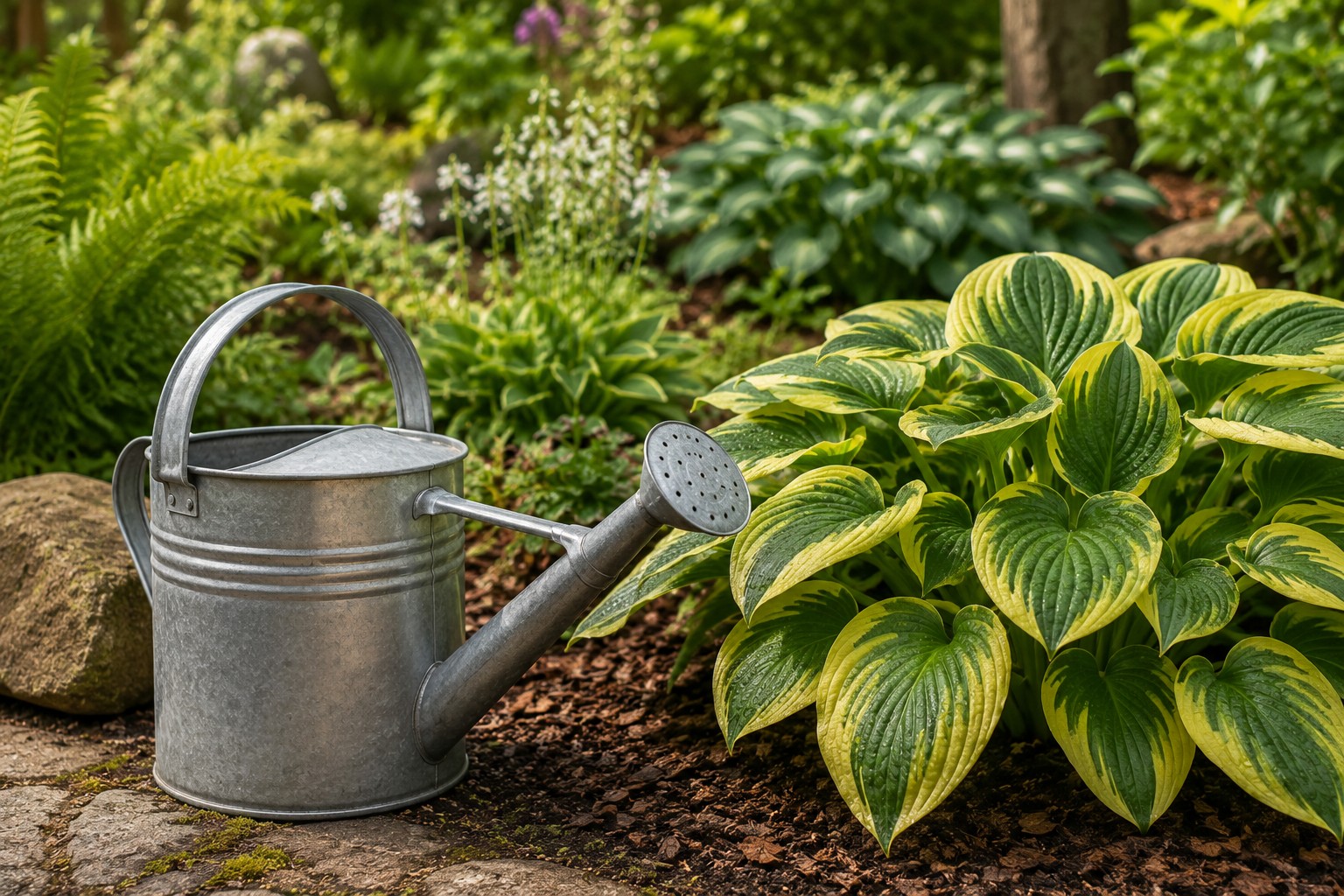 Gießkanne neben Funkien im schattigen Garten