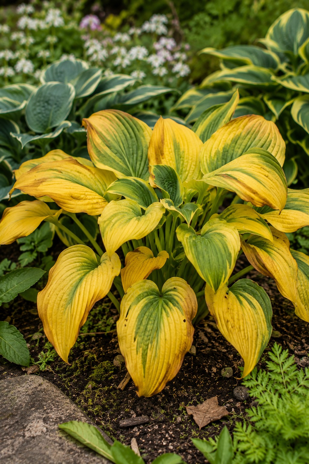 Hosta mit gelb verfärbten Blättern im Gartenbeet