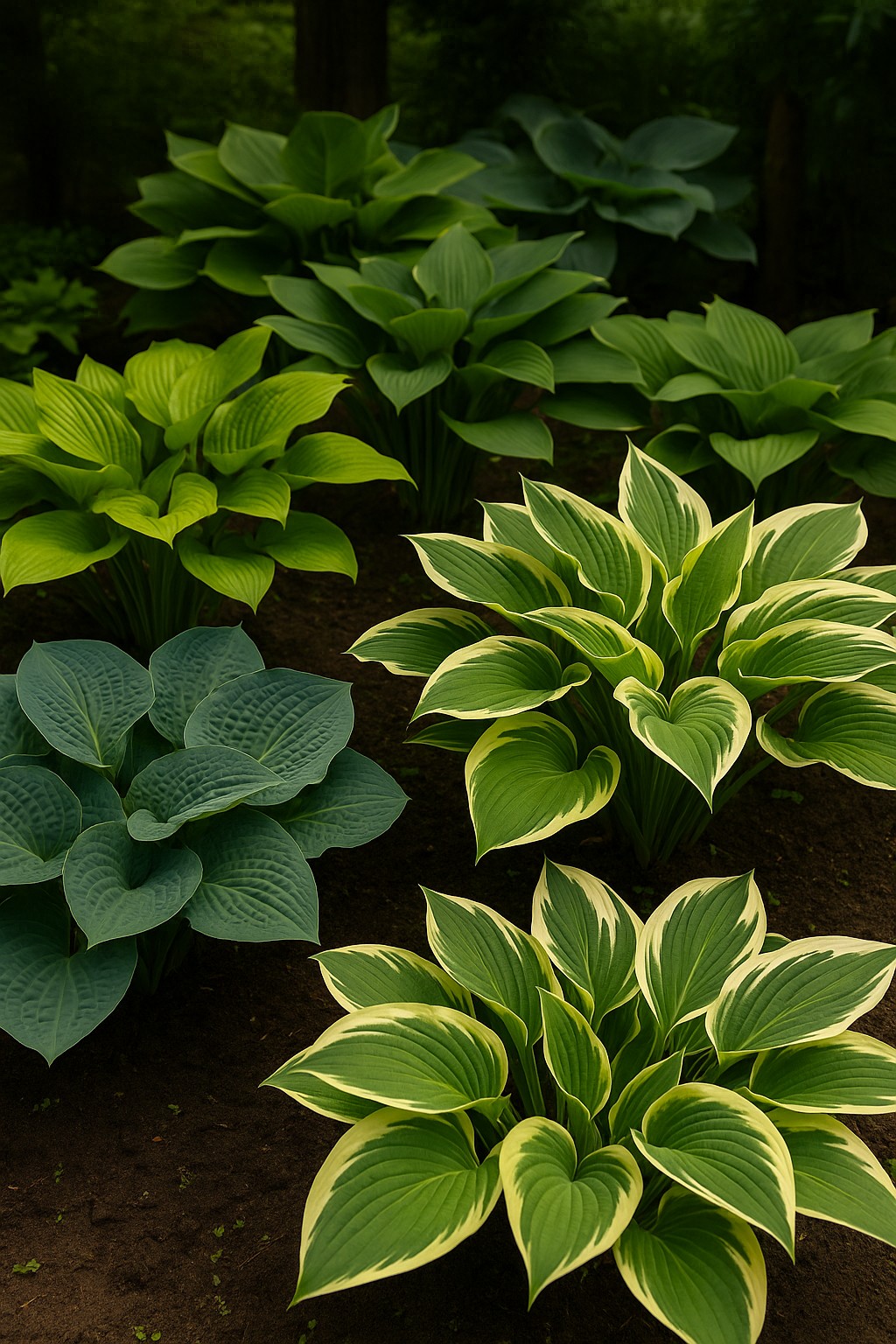 Funkienpflanzen mit verschiedenen Blattfarben im schattigen Gartenbeet