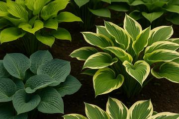 Funkienpflanzen mit verschiedenen Blattfarben im schattigen Gartenbeet