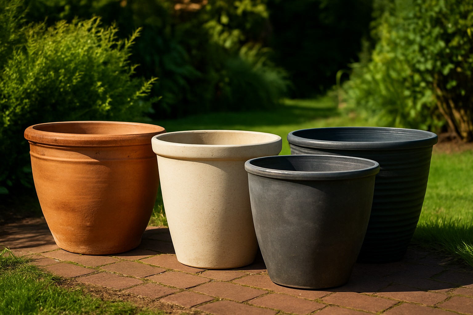 Große Pflanztöpfe aus Terrakotta und Kunststoff nebeneinander im Garten
