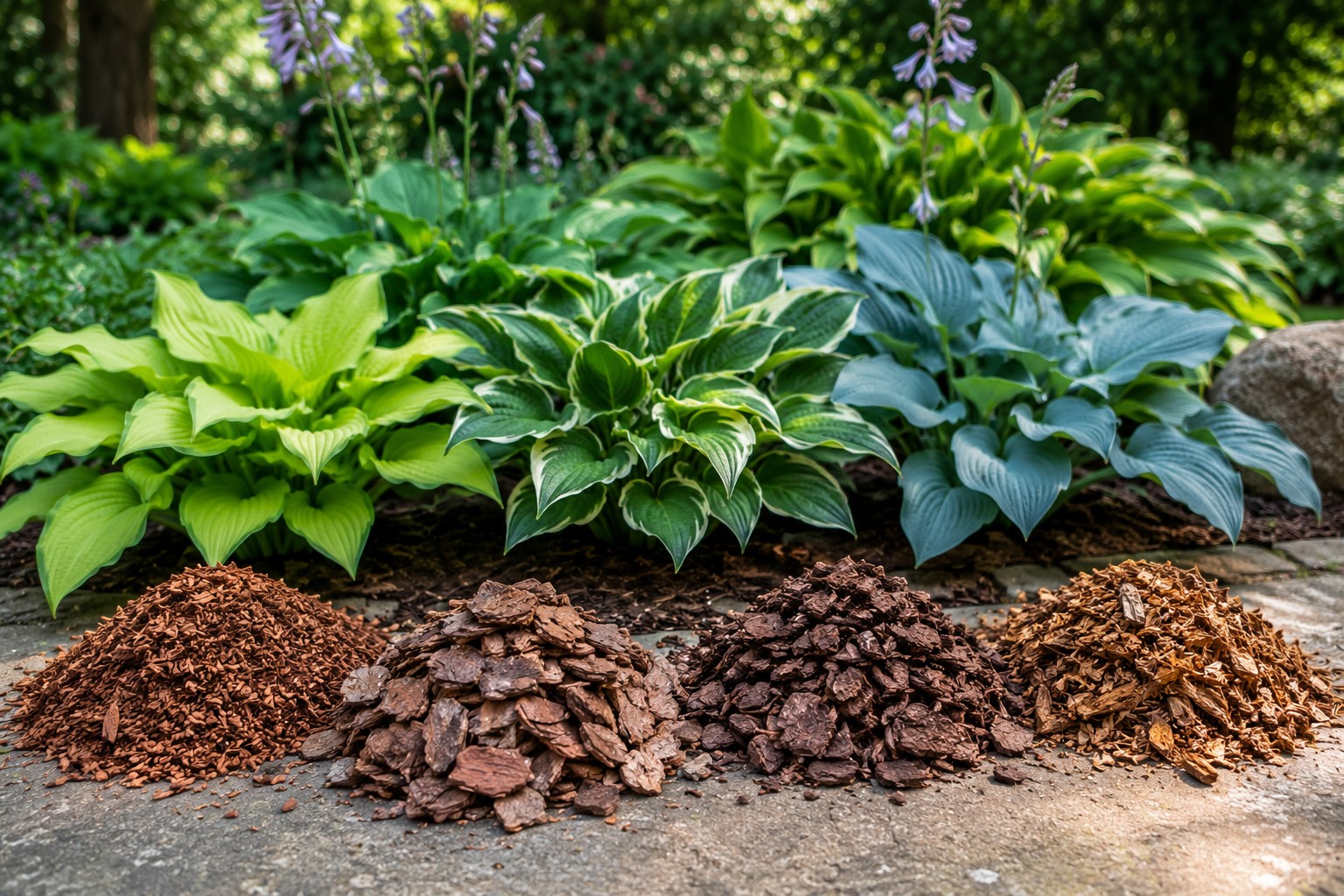 Rindenmulch rund um eine Funkie im Garten