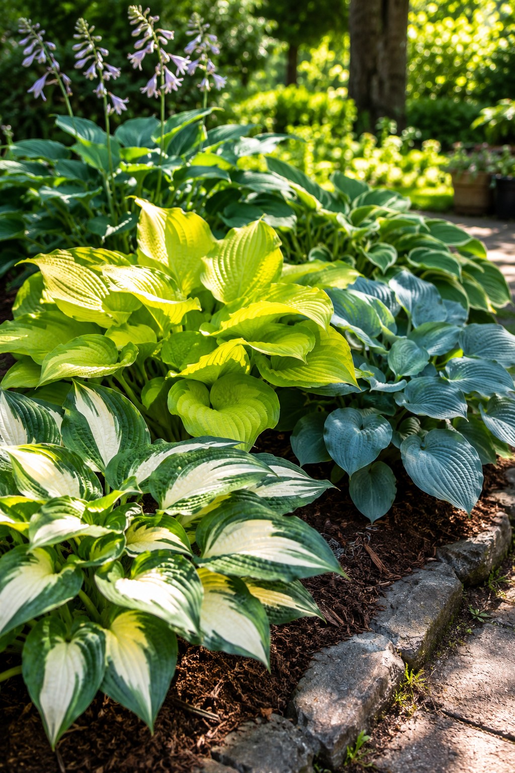 Funkien mit grünem und panaschiertem Laub an einem sonnigen Gartenstandort