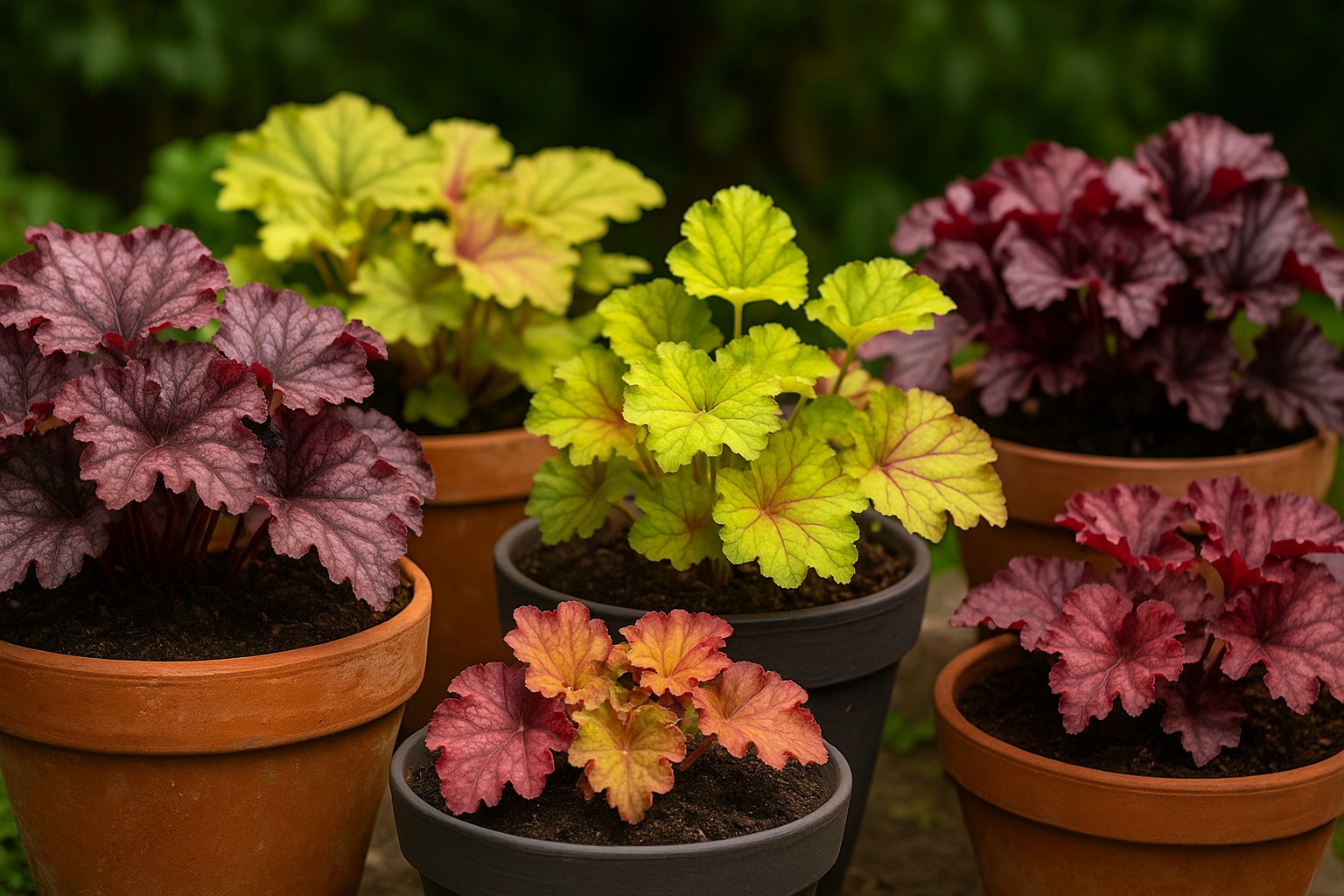 Heuchera mit farbenfrohen Blättern als Pflanzpartner für Funkien