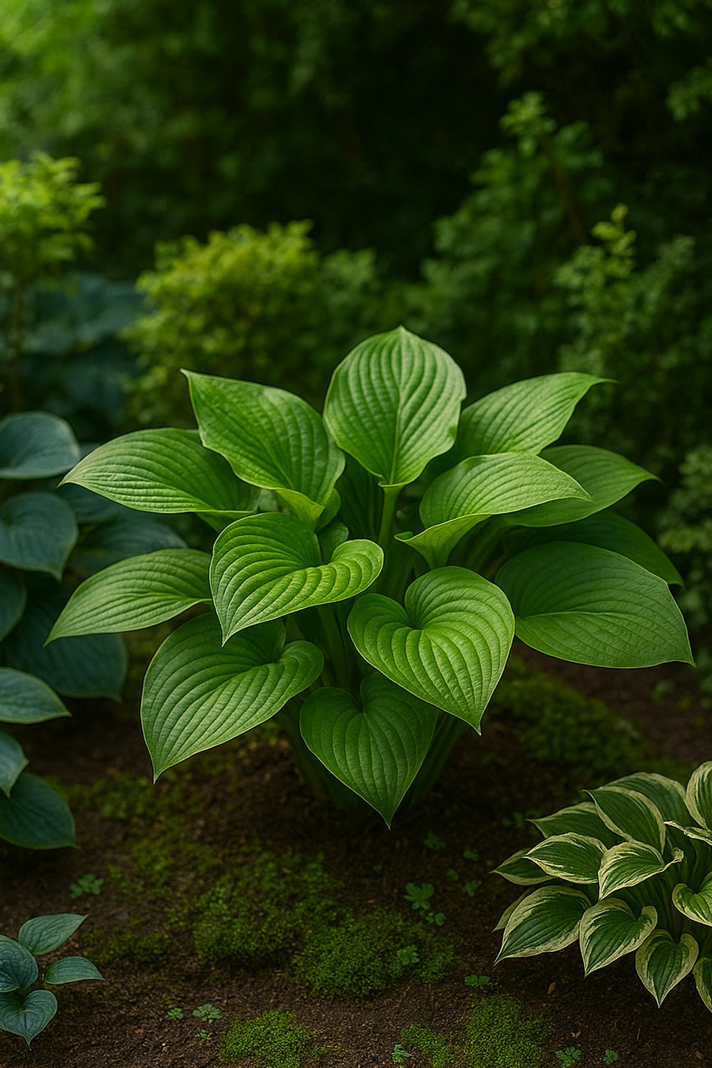 Große Funkienpflanzen mit breit ausladenden Blättern im schattigen Gartenbeet