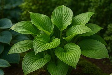 Große Funkienpflanzen mit breit ausladenden Blättern im schattigen Gartenbeet
