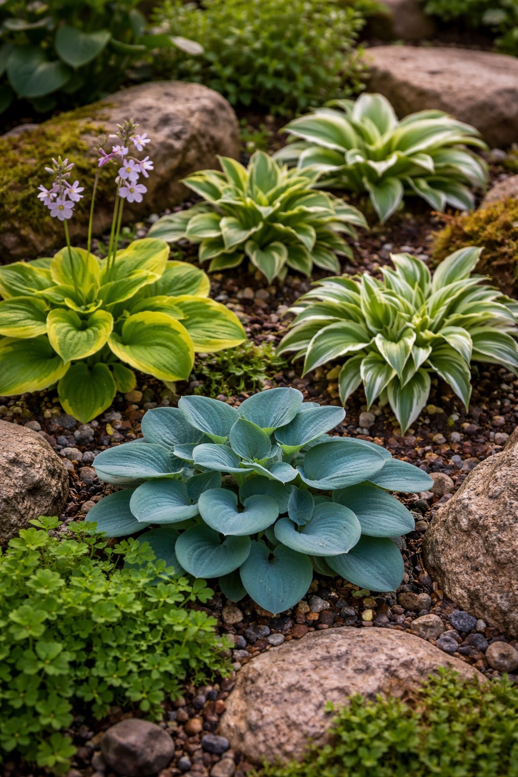 Kleine Funkien mit dekorativen Blättern in einem schattigen Gartenbeet