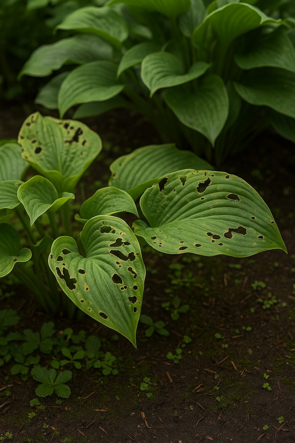 Funkienblätter mit typischen Schneckenfraßstellen im Garten