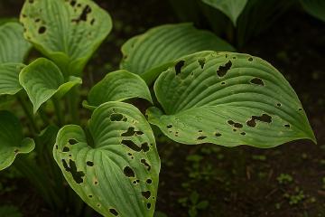Funkienblätter mit typischen Schneckenfraßstellen im Garten