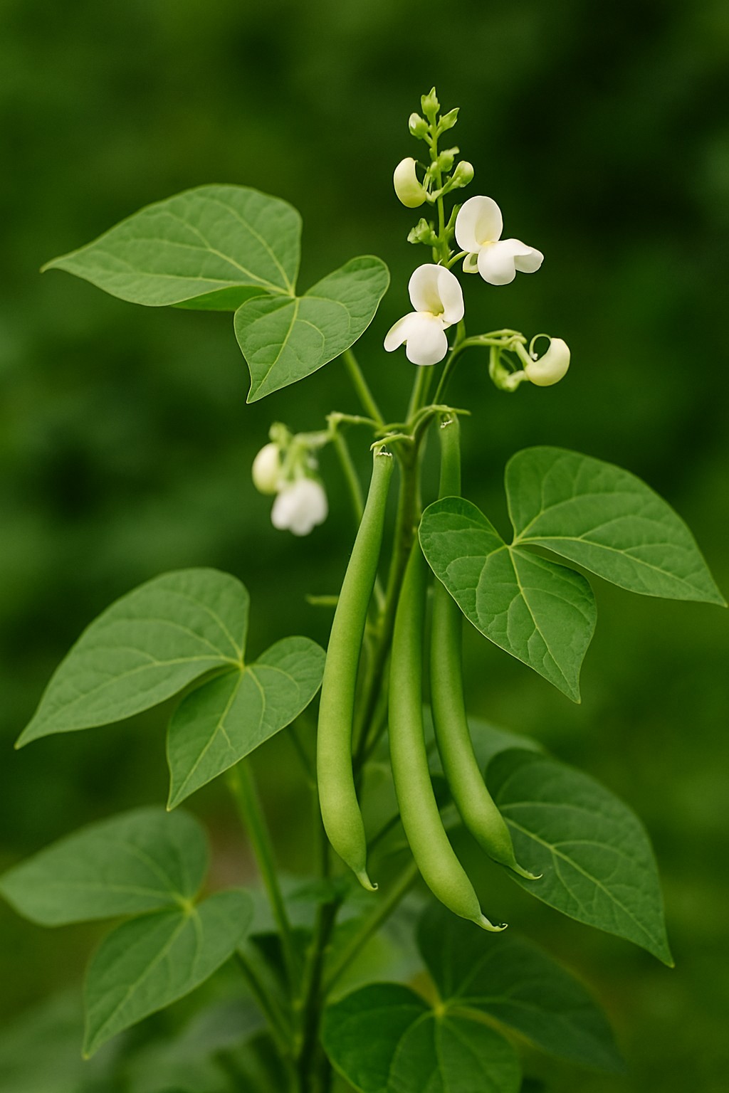 Busch- und Stangenbohnen im Gartenbeet mit grünen Hülsen