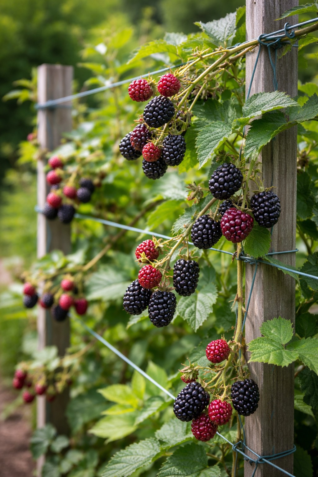 Reife Brombeeren an Ranken am Spalier im Garten