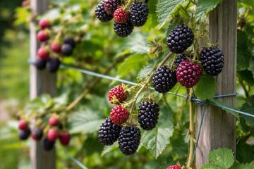 Reife Brombeeren an Ranken am Spalier im Garten