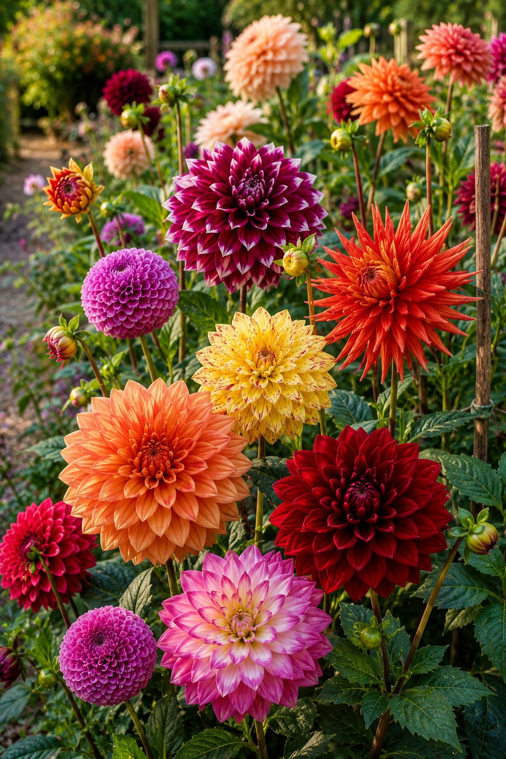 Bunte Dahlienblüten in verschiedenen Formen im sommerlichen Garten