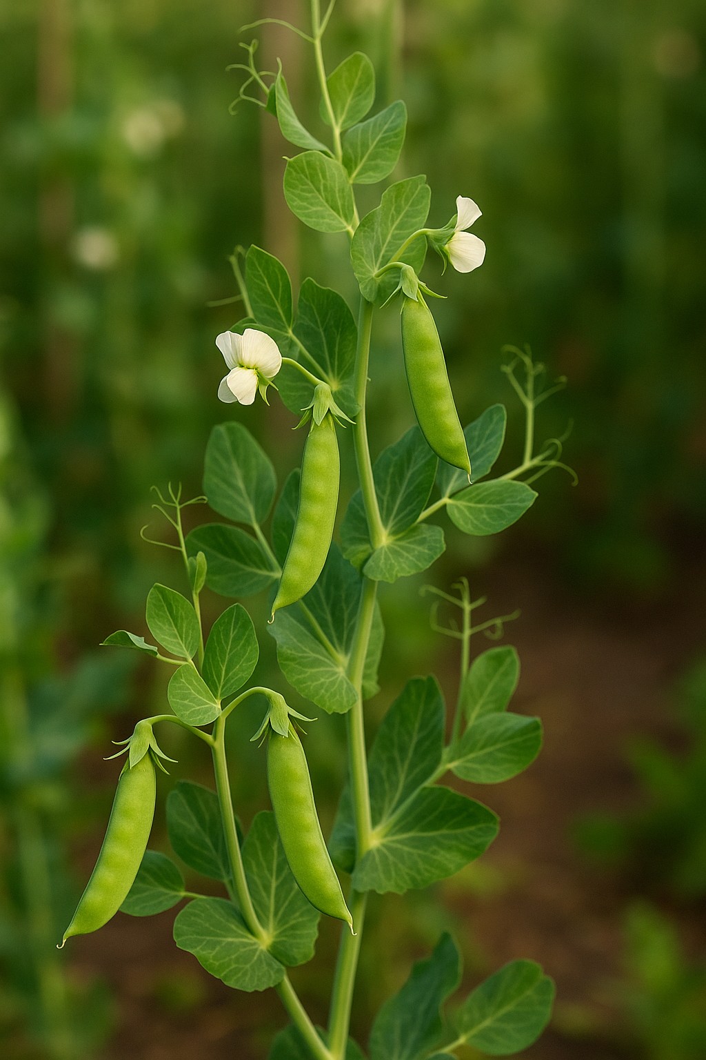 Erbsenpflanzen mit grünen Hülsen an einer Rankhilfe im Garten