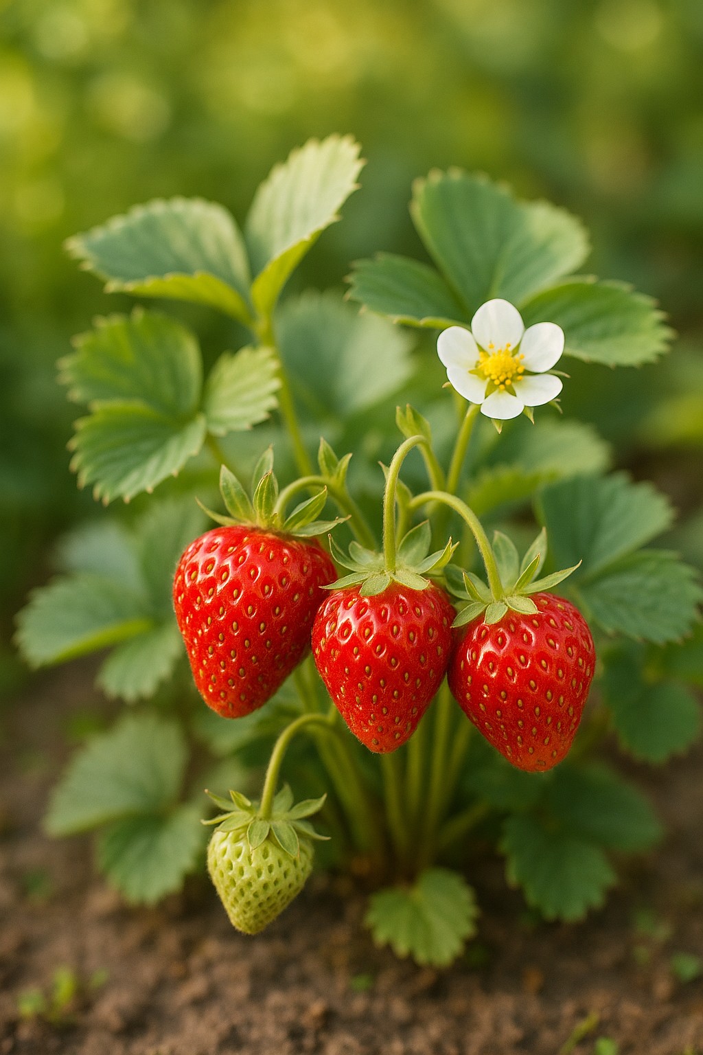 Reife Erdbeeren im Gartenbeet zwischen grünen Blättern