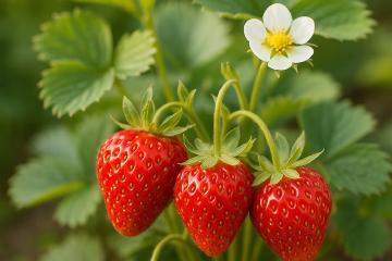 Reife Erdbeeren im Gartenbeet zwischen grünen Blättern