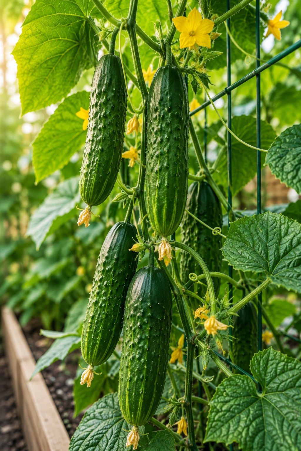 Grüne Salatgurken wachsen an einer Gurkenpflanze im Gemüsegarten