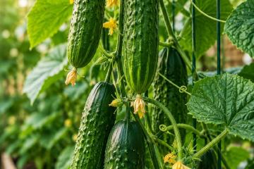 Grüne Salatgurken wachsen an einer Gurkenpflanze im Gemüsegarten