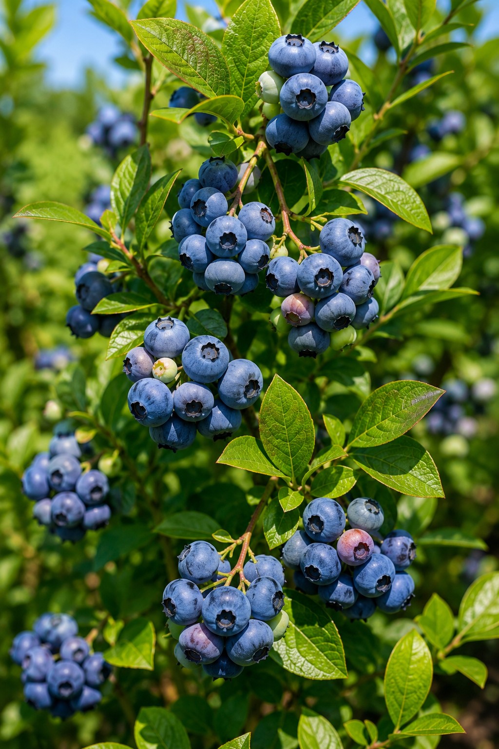 Reife Heidelbeeren an einem Heidelbeerstrauch im Garten