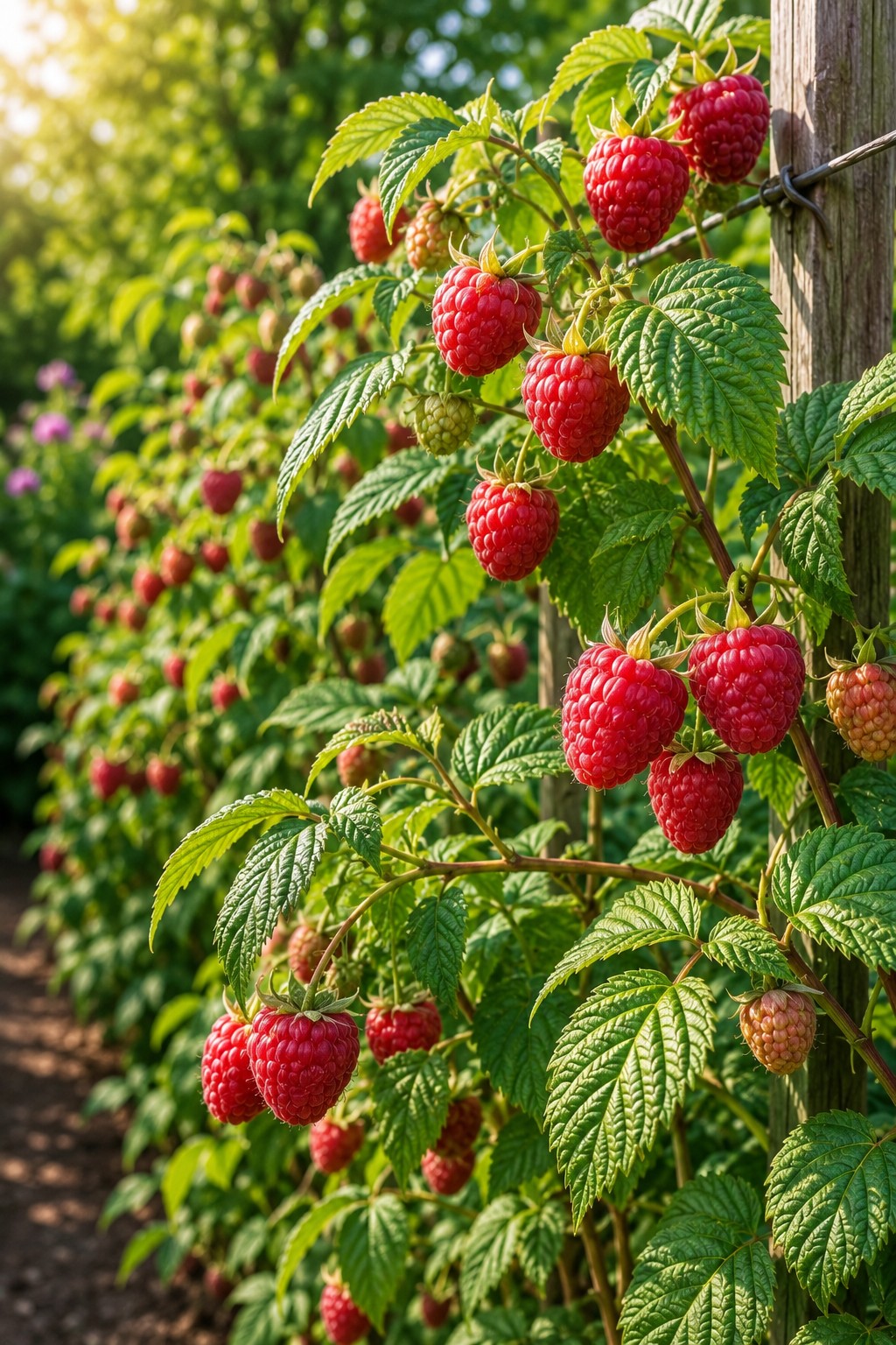 Reife rote Himbeeren an einer Pflanze im Garten